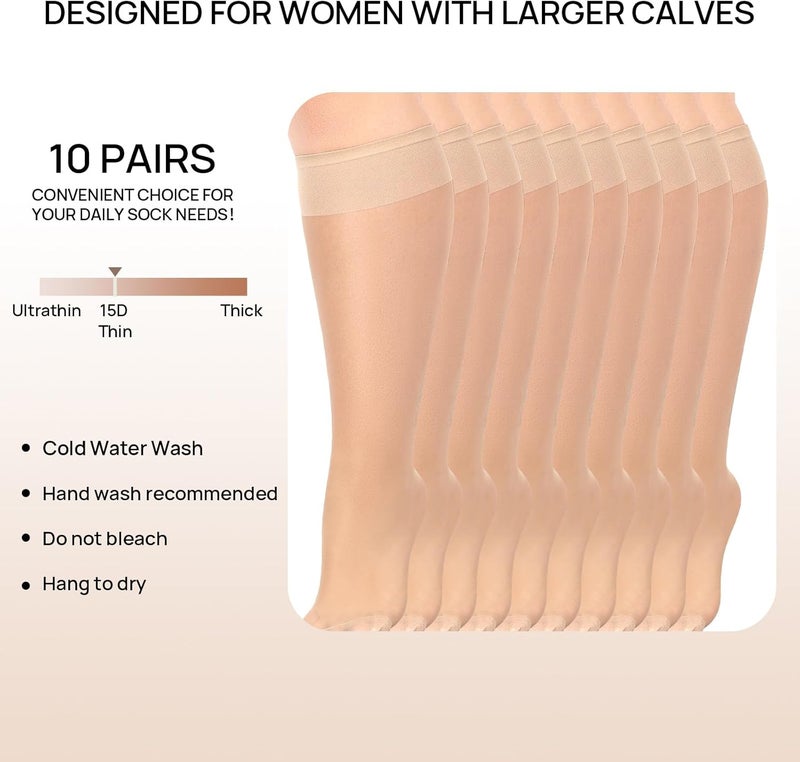 MANZI 10 Pairs Plus Size Knee High Stockings for Women 15D Sheer Nylons Socks with Wide Calf - Image 2